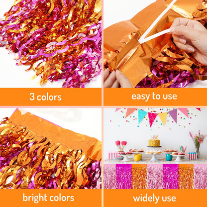 JarThenaAMCS Metallic Tinsel Foil Fringe Table Skirts Light Pink Hot Pink Orange Wavy Disposable Table Skirt 2Pcs Sparkly Party Decor for Parade Floats Wedding Birthday Bride Shower, 29 x 108 Inch