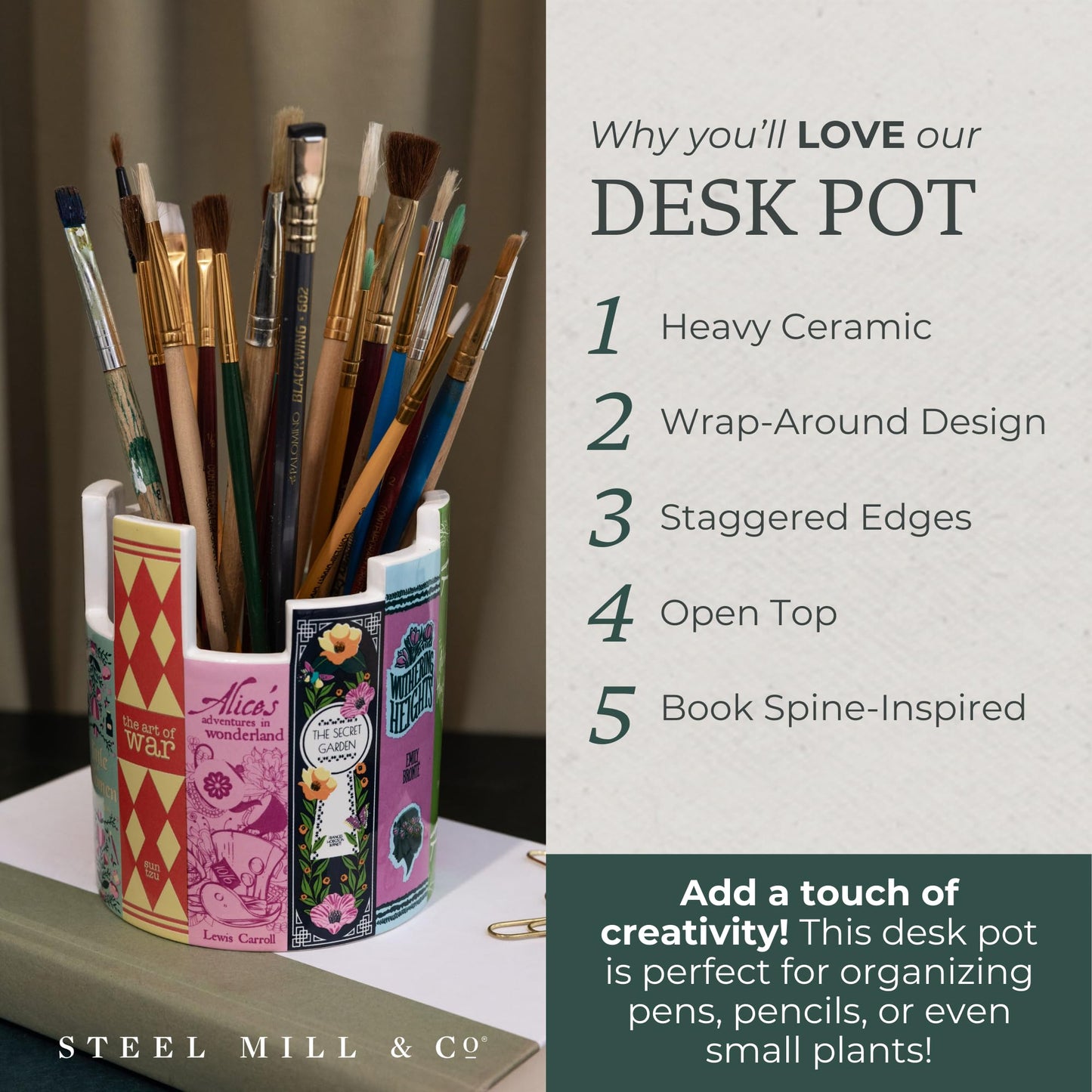 Steel Mill & Co Ceramic Desk Pot for Office/Shelf/Bedroom, Bookish Pen Holder or Small Plant Vase with Classic Literary Book Spine Design, Classic Books
