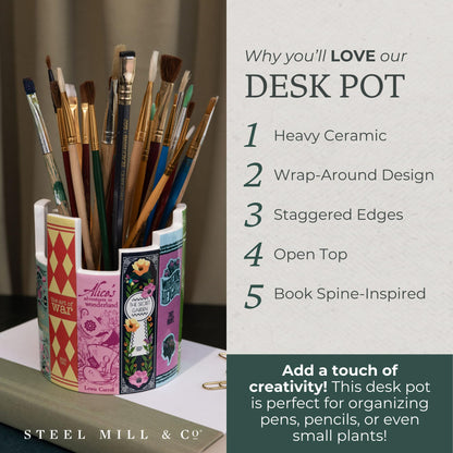 Steel Mill & Co Ceramic Desk Pot for Office/Shelf/Bedroom, Bookish Pen Holder or Small Plant Vase with Classic Literary Book Spine Design, Classic Books