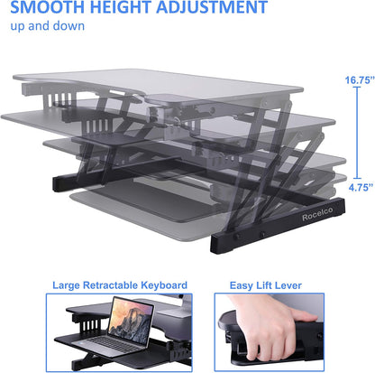 Rocelco 32" Height Adjustable Standing Desk Converter with Anti Fatigue Mat BUNDLE - Sit Stand Up Dual Monitor Riser - Computer Workstation - Large Retractable Keyboard Tray - Black (R ADRB-MAFM)