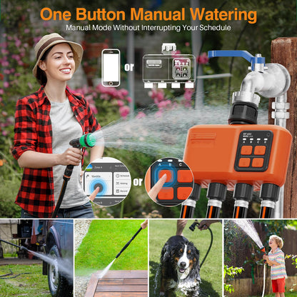 Smart WiFi Sprinkler Timer 4 Zone,WiFi Water Timer for Garden Hose with 984 FT Range,APP & Remote Control,Alexa & Google Voice Compatible,Rain Delay, Manual Mode Sprinkler System