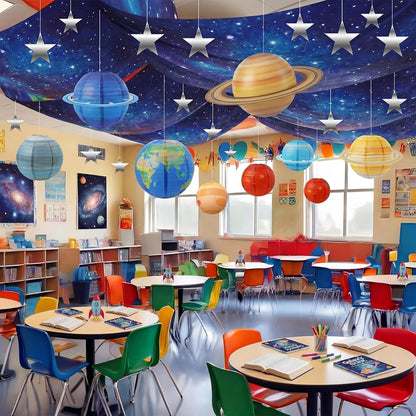 Relaxgiant 45 Pcs 2026 Space Celing Decoration for Classroom 24" x 13ft Galaxy Hanging Backdrop, Star Hanging Ornament, Solar System Paper Lanterns, Hooks for Kids Birthday VBS School Party Decor