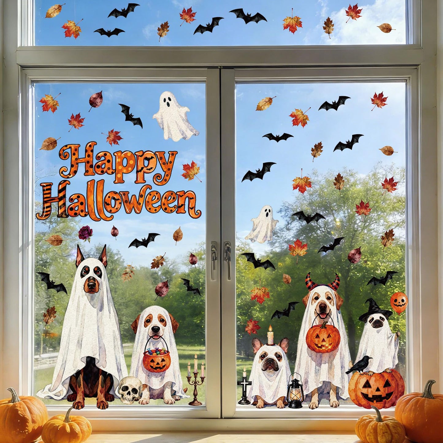 Whaline Extra Large Halloween Ghost Dog Window Clings Autumn Leaves Pumpkin Dog Bat Reusable Anti-Collision Windows Decor for Home Classroom Office Party Supplies, 4 Sheets