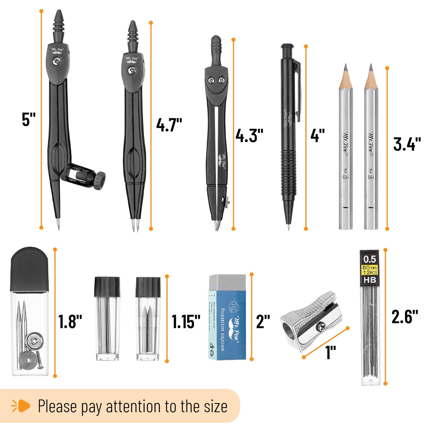 Mr. Pen- Geometry Set, 15 pcs, Black, 6 Inch Swing Arm Protractor, Divider, Set Squares, Ruler, Compasses and Protractor