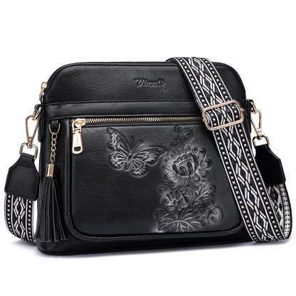 VIMUTI Crossbody Bags for Women Trendy, Lightweight Purses for Women Embossed Design Shoulder Handbags with Guitar Strap (Black)