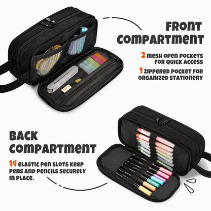 SUNEE Large Capacity Pencil Case with 3 Compartment, Extra Big Pencil Pouch, Pencil Bag with Zipper, Cute Stationery Organizer, Soft Corduroy Pen Box School Supplies for Student Girls Boys, Jet Black