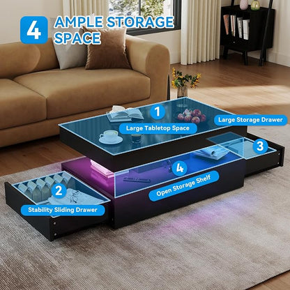 39" High-Glossy LED Coffee Table with 2 Sliding Drawers,Living Room Storage Coffe Tables,Modern Stylish Double-Layer Center Tables with LED Lights,Black