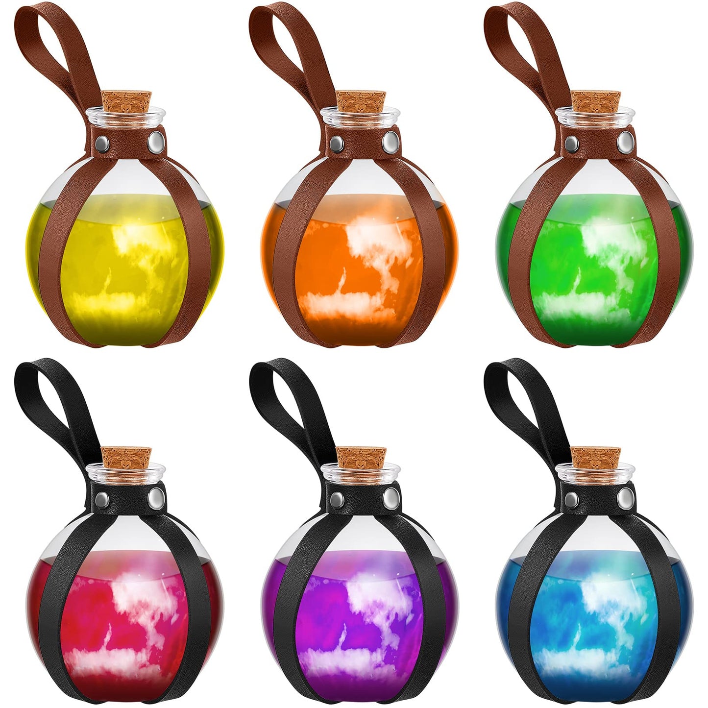 Patelai 6 Pcs Halloween Glass Potion Bottles with Belt Cork Renaissance Witch Costume Accessories Witch Props Potion Bottle for Halloween Party Decor Cosplay DIY Crafts Gift (Black,Brown)