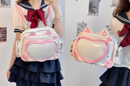 SUSTRALO Pink Cat Ita Bag Backpack with Insert, Kawaii Heart Clear Window Pin Display Backpack, Convertible PU Leather Ita Shoulder Crossbody Bag for Anime Collection