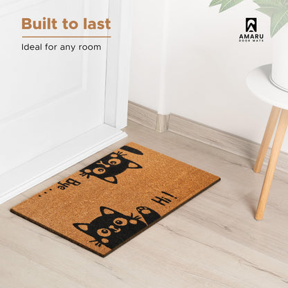 Hi-Bye Cat - 17"x29" - Coir Door Mat with Heavy Duty Backing - Welcome Mats for Entryway, Porch - Anti-Slip PVC & Coconut Fiber Surface - Natural Home Accessories, Minimalist Original Design