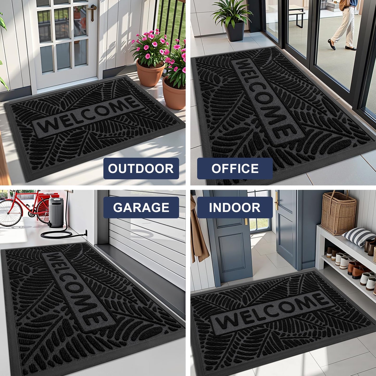Smiry Welcome Mat Indoor Outdoor, All-Season Waterproof Front Door Mat, Sturdy Natural Rubber Doormat, Non-Slip, Easy Clean, Low Profile Dirt Trapper for Porch Patio Entrance, 29.5x17, Black