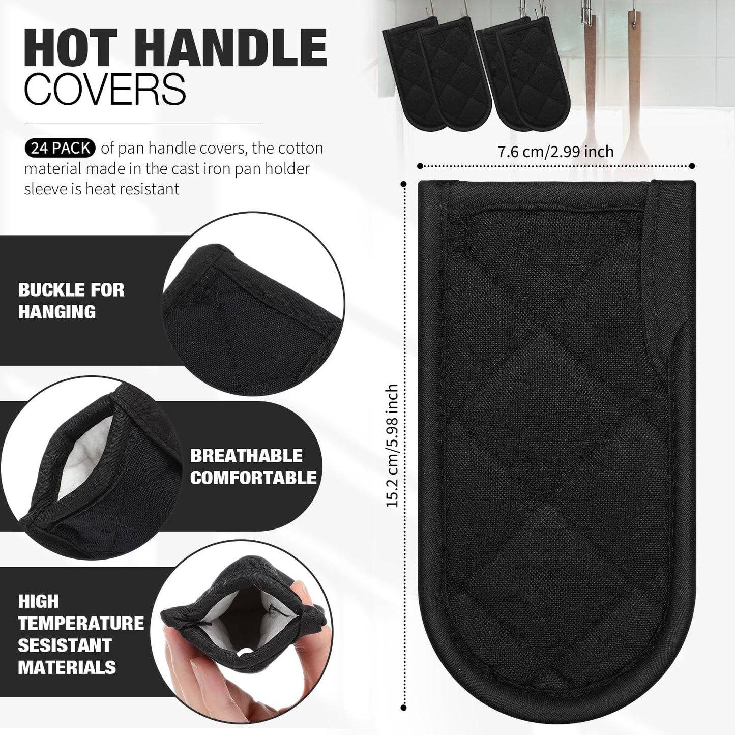 Dandat 24 Set Hot Handle Covers for Daily Replace Use Gift Pan Handle Sleeve Covers Heat Resistant Cast Iron Holder Sleeve Washable Handgrip Mitts for Christmas Kitchen Gifts Craft (Black)