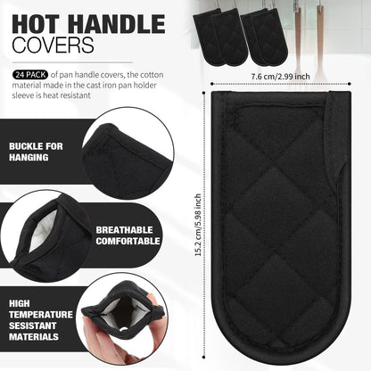 Dandat 24 Set Hot Handle Covers for Daily Replace Use Gift Pan Handle Sleeve Covers Heat Resistant Cast Iron Holder Sleeve Washable Handgrip Mitts for Christmas Kitchen Gifts Craft (Black)