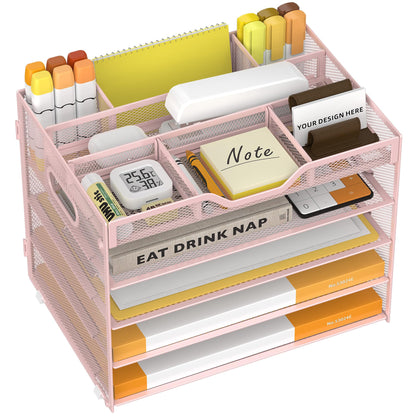 OrgMate 5 Tier Paper Letter Tray with 3 Drop-in Pen Holders, Mesh Desk File Organizer with Handle, Desk Organizers and Accessories for School,Home, Office Supplies Storage-Pink