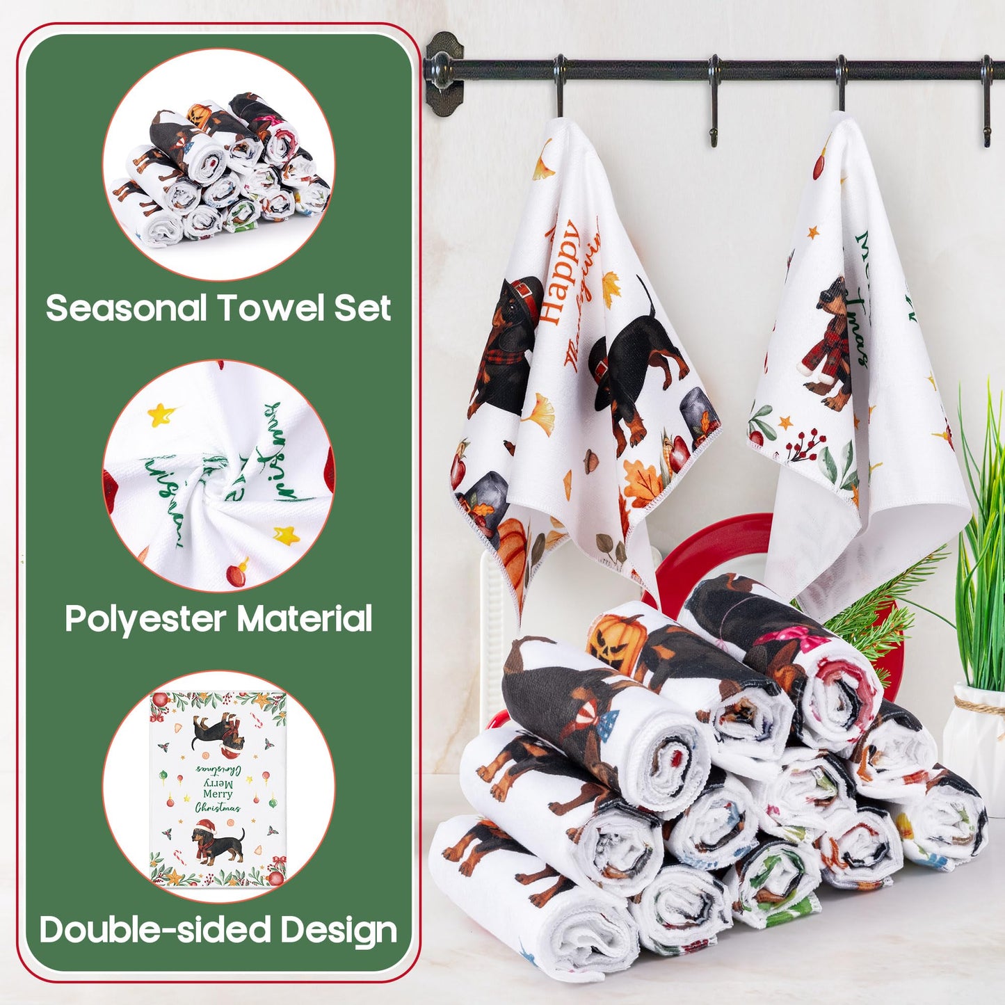 WATINC Seasonal Kitchen Hand Towels - 12pcs Dish Tea Towel Set for Home Kitchen Bathroom Holiday Decorative, Fun Wash Cloth Dishcloth for Summer Fall 4th of July Halloween Decor Gift (Dog Style)
