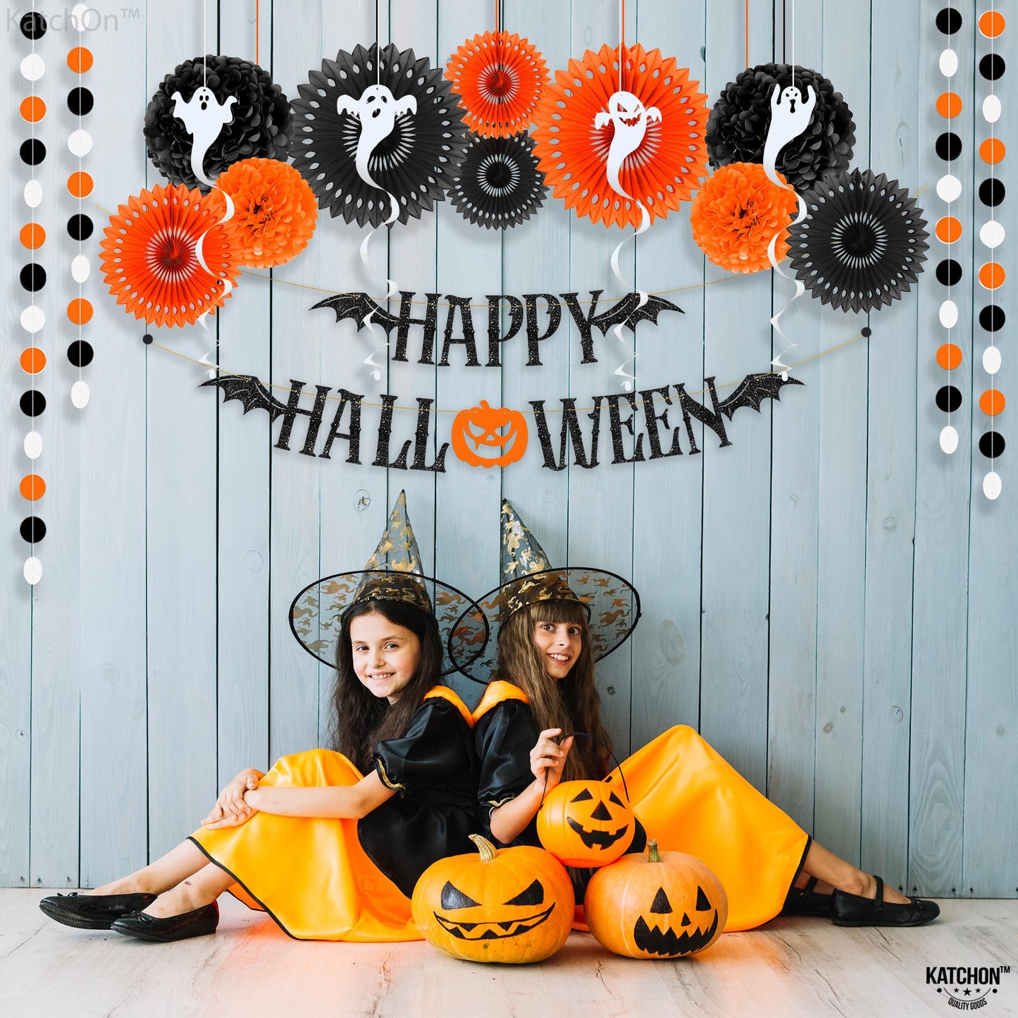 KatchOn, Hanging Halloween Decorations Set - Pack of 17 | Glittery Happy Halloween Banner, Garlands, Ghost Hanging Swirls, Orange Pumpkin, Paper Fan, Spooky | Halloween Decor Hanging Swirls