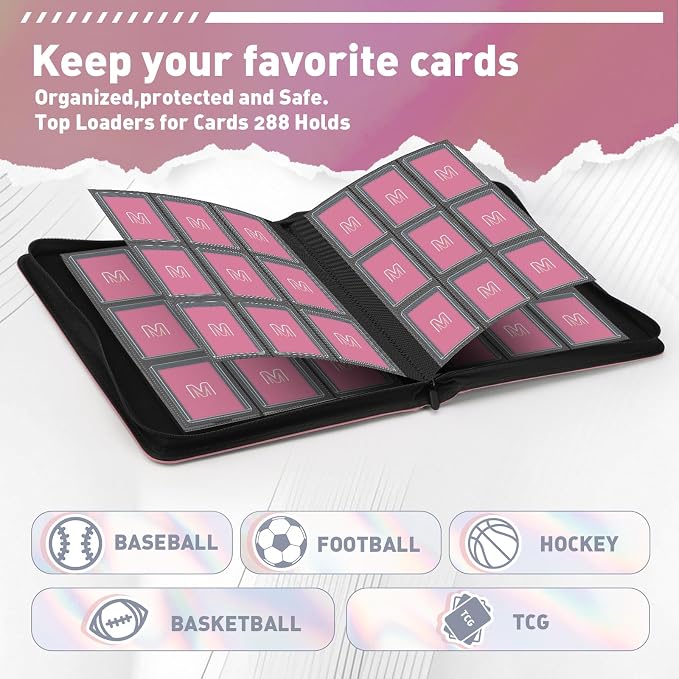 Toploader Binder,Trading Card Binder Storage Hold up 288 Cards 9-Pocket Top Loader Binder with Sleeves for 3"x4" Rigid Toploaders Hard Cases(9Pink7)