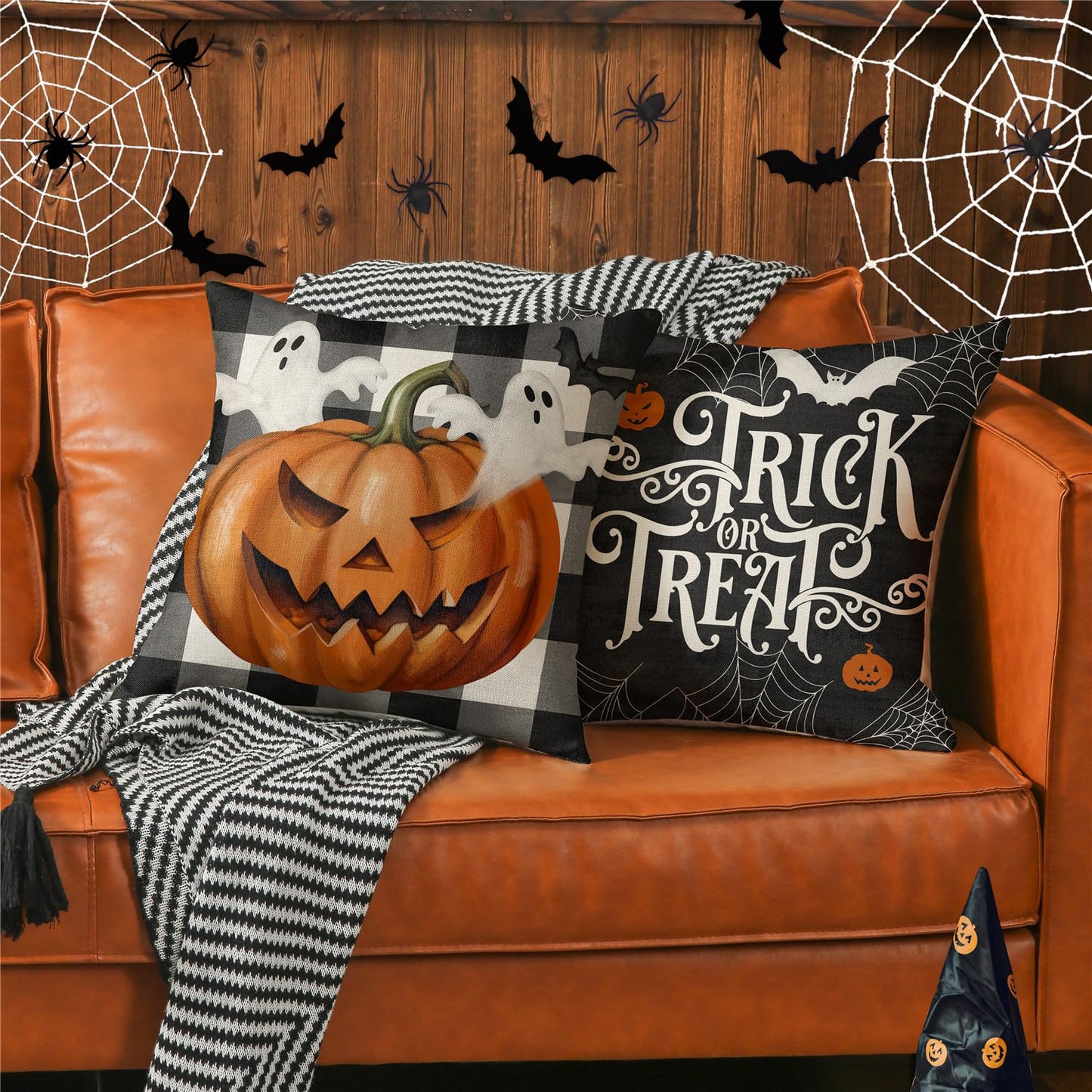 MODOVOS Halloween Pillow Covers 18x18 Set of 4 Buffalo Plaid Spooky Ghost Pumpkin Truck Halloween Decorations Trick or Treat Throw Pillow Covers Spider Web Bat Cushion Case for Sofa Couch