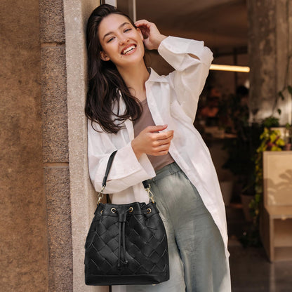 Kattee Woven Genuine Leather Bucket Bags for Women, Drawstring Crossbody Hobo Purses and Shoulder Handbags with 2 Detachable Straps, Black
