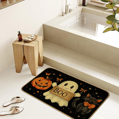Doormat Halloween Ghost Boo Front Door Mat Indoor Outdoor Entrance,Black Cat Pumpkin Door Mat Waterproof Low Profile All-Season,Easy Clean Patio Porch Entryway Floor Rug 17x29 Inch