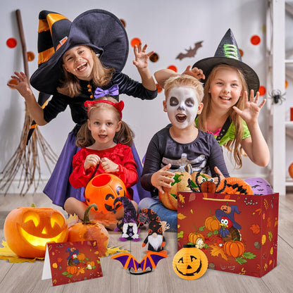 Briurdo Large Orange Happy Halloween Bag 11.8" Trick or Treat Gift Bag with Tissue Paper Greeting Card Night Pumpkin Turkey Paper Treat Bag Goodie Bags for Kids Halloween Thanksgiving Party Decorations Supplies