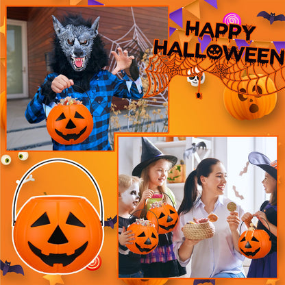 Beeveer 8 Pcs Plastic Pumpkin Buckets Trick or Treat Halloween Candy Baskets with Handle 6.7 x 5.1 Inches Plastic Pumpkin Large Candy Basket for Halloween Trick or Treat Party Supplies (Funny)