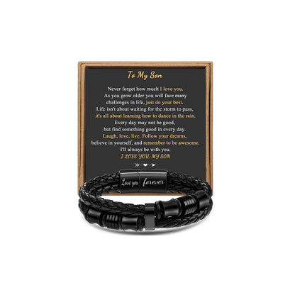 JoycuFF Gifts for Son from Dad Mom Leather Bracelet Gifts for Men Birthday Gift for Son Bracelet from Mom Black Layered Bracelets Engraved I Love You Forever Braied Cuff Graduation Gift