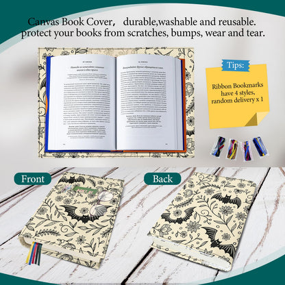 Bat Flower Book Cover Protector for Paperback,Adjustable Soft Canvas Fabric Book Cover with Pocket Bookmark,Double Side Print Book Dust Jacket Covers for Hardcover, Halloween Book Lovers Gift