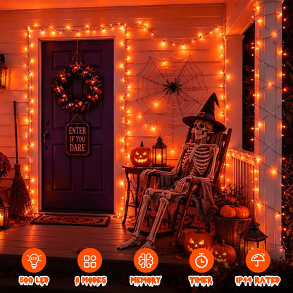 QITONG 165ft 500 LED Orange String Lights, Twinkle Lights Outdoor Waterproof with 8 Modes, Green Wire Orange Christmas Light Plug in Indoor with Timer Memory