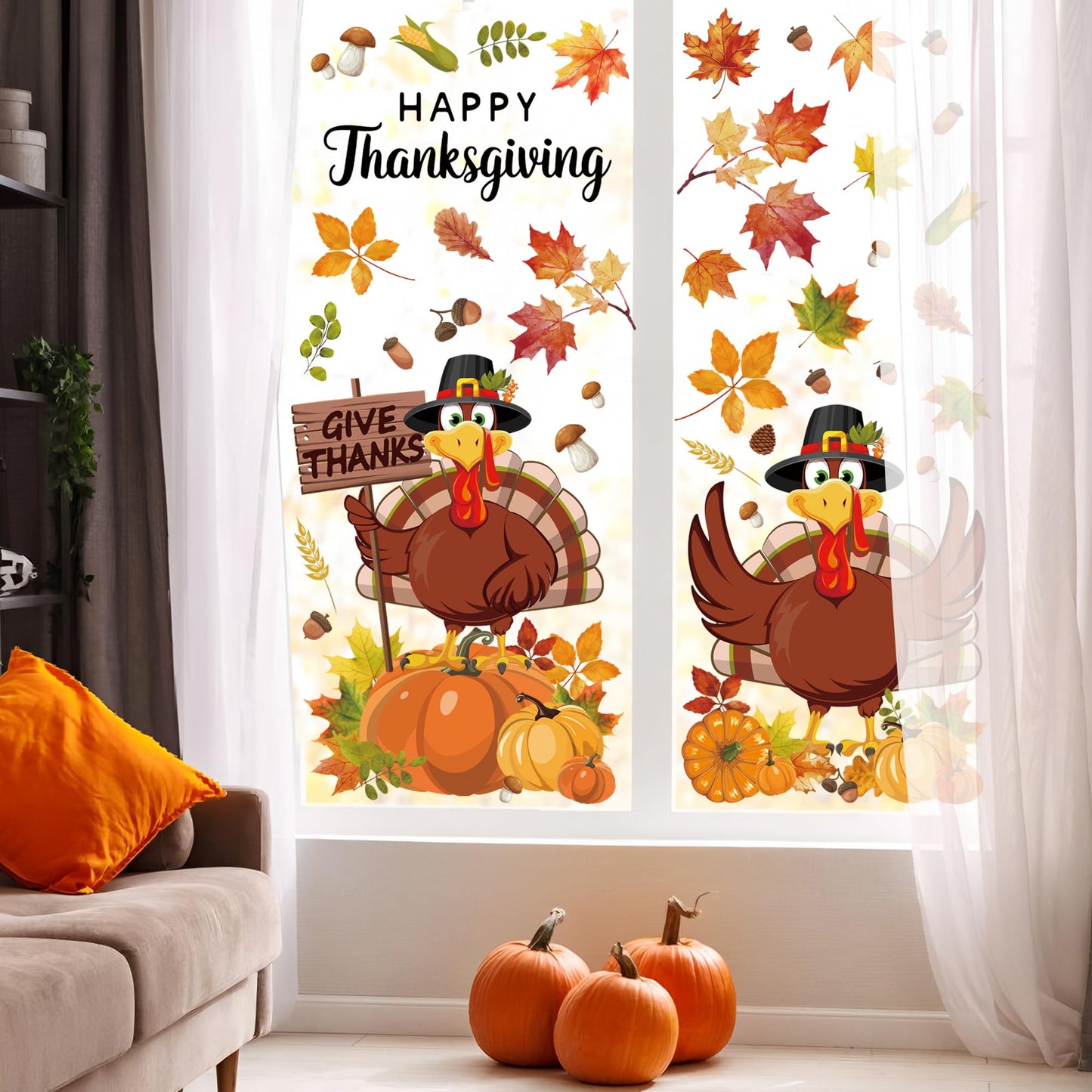 9 Sheets Thanksgiving Window Clings Double Sided Turkey Window Decals Pumpkin Fall Leaves Windows Decal Stickers for Thanksgiving Fall Autumn Glass Home Classroom Office Decor