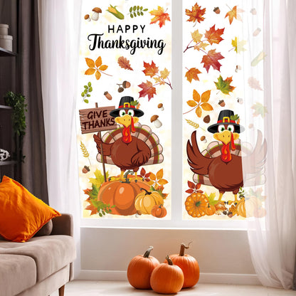 9 Sheets Thanksgiving Window Clings Double Sided Turkey Window Decals Pumpkin Fall Leaves Windows Decal Stickers for Thanksgiving Fall Autumn Glass Home Classroom Office Decor