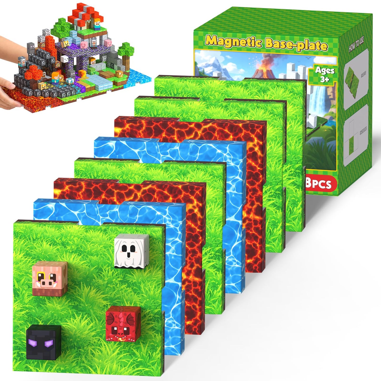 Magnetopia 8PCS Magnetic Blocks Base Plate, 4" x 4" Powerful Magnetic Building Block Base Plates for Kids, Magnet Toys, STEM Learning Sensory Toys, Birthday Gifts for Boys & Girls Ages 3+