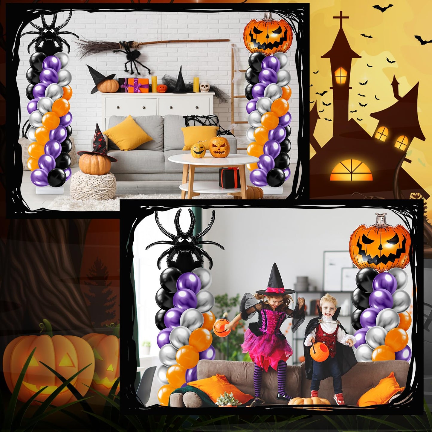 Kasyat 2 Sets Halloween Balloon Column Stand Kit with Scary Pumpkin Spider Foil Balloon Orange Purple Black Silver Arch Garland Kit for Spooky Birthday Party Halloween Theme Decoration