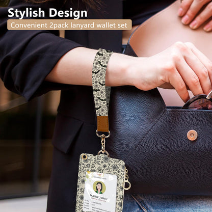 bolimoss Bat Lanyard Wallet Badge Holder PU Leather RFID Keychain Wallet with Breakaway Neck Wristlet Lanyard Zipper Pocket, Slim Credit Card Holder with Key Ring Phone Holder for Teacher Nurse Women