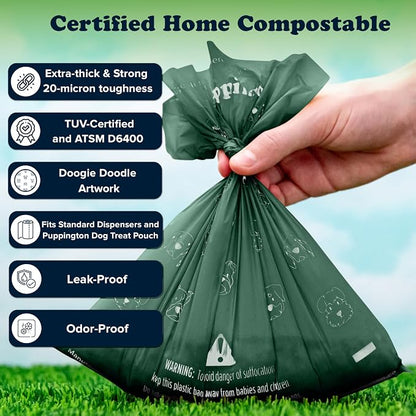 Puppington Certified Home Compostable Poop Bags - ASTM D6400 Compliant - 270 Extra Thick Bags - Plant Based - Pairs with Puppington 3-in-1 Bag & Fits all Standard Poop Bag Dispensers (Basil Green)