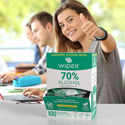 Wipex 70% Isopropyl Alcohol Wipes - Individually Wrapped Sachets, Electronic & Tech Wipes in Dispensing Box, 100 Count (Pack of 1)