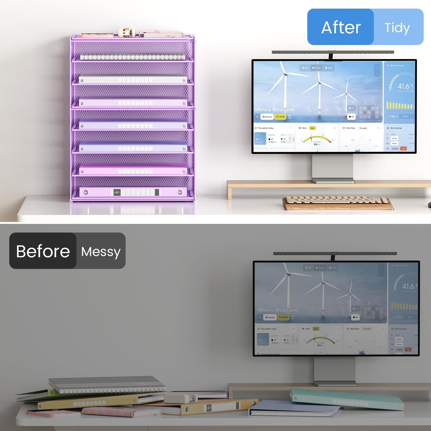 Lavatino 2 Pack 8-Tier Office Desk File Organizer, Letter Tray Paper Organizer with Handle, Including 5 Adjustable Slide Trays for Organizing Desk Workspace Accessories and Supplies (Purple Mesh)