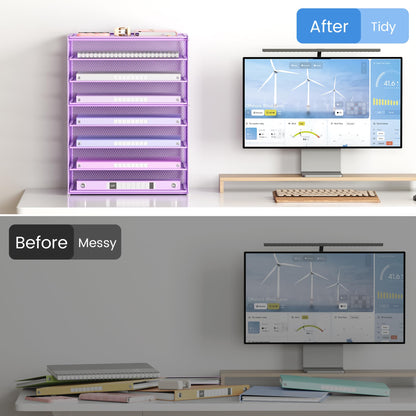 Lavatino 2 Pack 8-Tier Office Desk File Organizer, Letter Tray Paper Organizer with Handle, Including 5 Adjustable Slide Trays for Organizing Desk Workspace Accessories and Supplies (Purple Mesh)