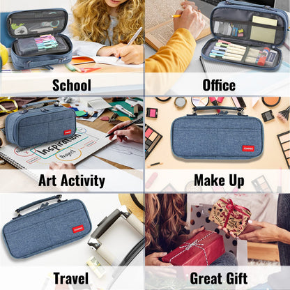 JOINPRO Large Capacity Pencil Case, 4 Compartment Pen Pouch Organizer with Double Zipper, Storage Bag for School, Office, Teen Girl Boy Men Women (Blue)