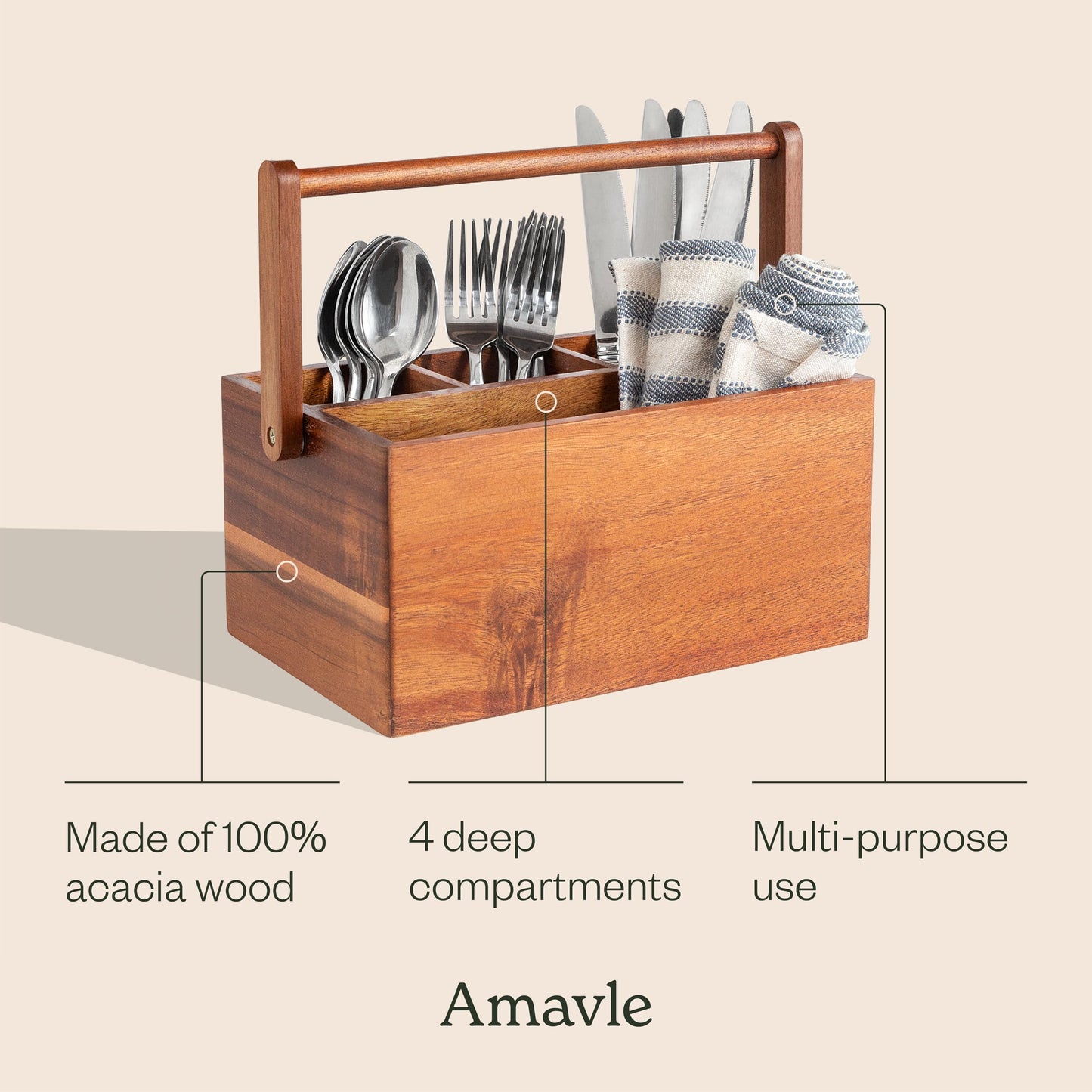 Amavle Acacia Wood Utensil Caddy with Handle, Wooden Silverware Holder, Multi-purpose Organizer for Kitchen, Office, Bathroom, Bedroom