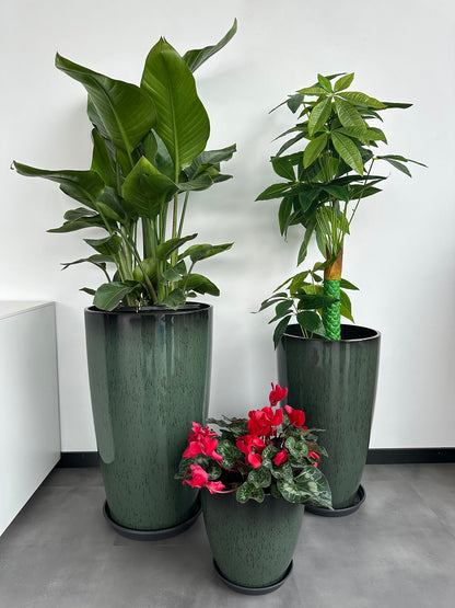 MinCHI257 24,21,11 Inch Large Plastic Planters with Drainage Hole and Saucer - Set of 3 Tall Plant Pots Indoor Flower Pot Tall Round Planters Outdoor Large Tall Planter