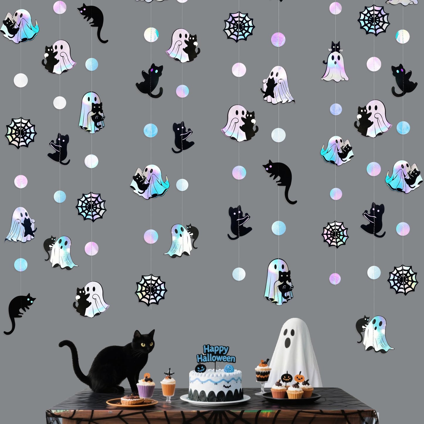 Iridescent Black Halloween Decorations Holographic Ghost Black Cat Spider Web Polka Dot Paper Hanging Garland Streamer Banner for Halloween Birthday Baby Shower Bachelorette Wedding Party Supplies