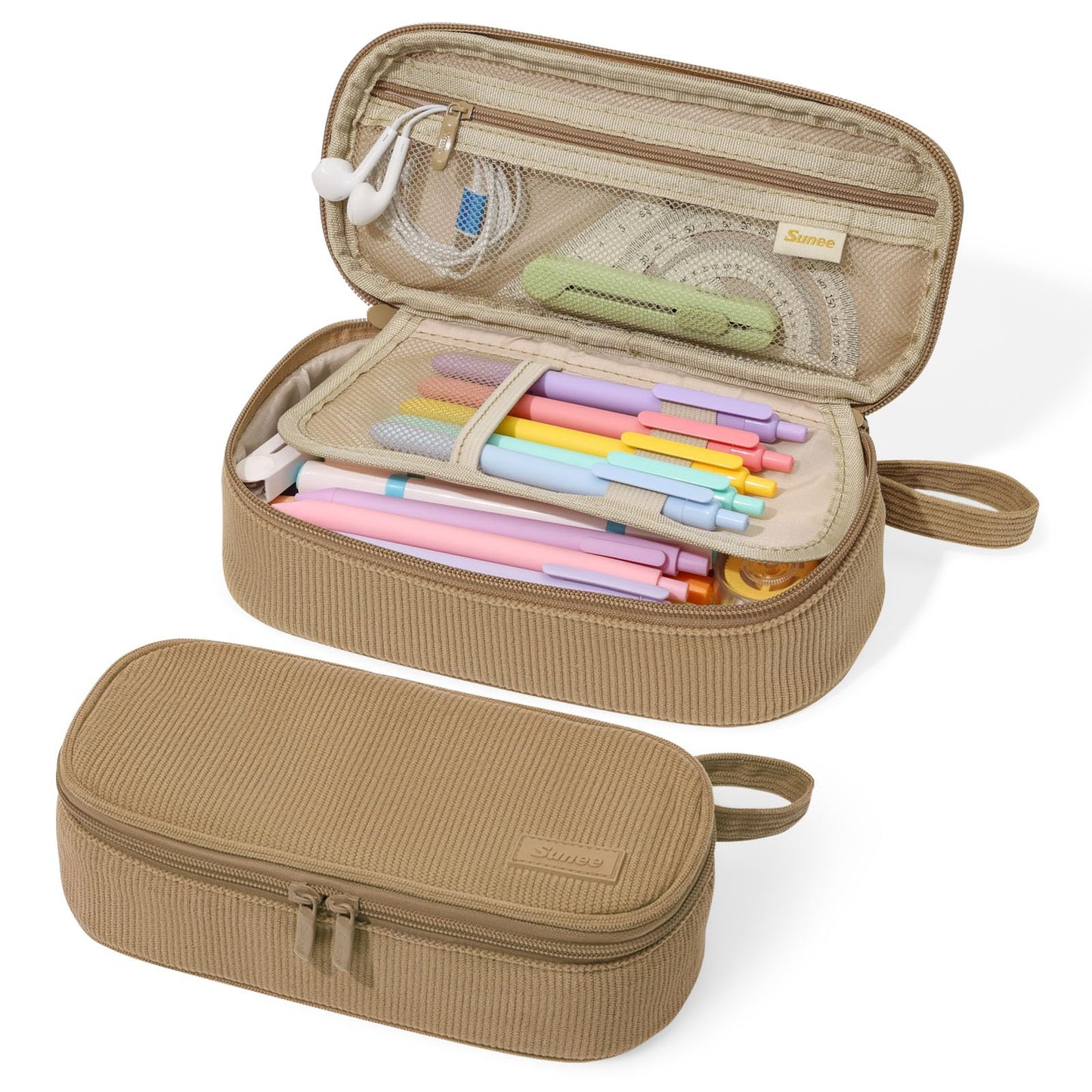 SUNEE Cute Pencil Case, Large Capacity Pencil Pouch, Soft Corduroy Pencil Bag, Big Storage Pen Organizer for Stationery, Aesthetic Zipper Pencil Box, Back to School Supplies for Teen Girls Boys, Khaki