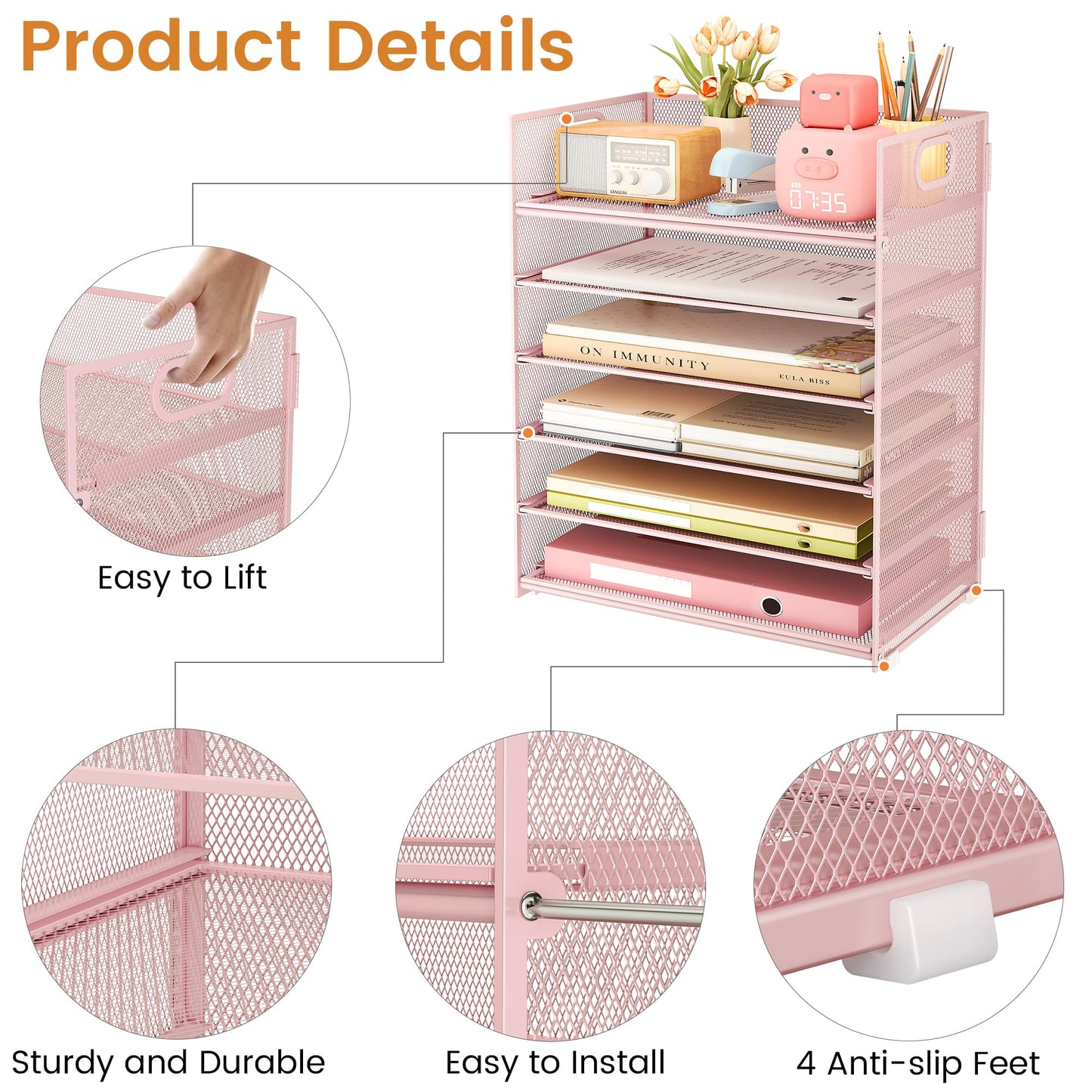 Subekyu 6-Tier Desk Paper Organizer, Desktop File Letter Tray with Handle, Document Sorter and Accessories Holder for Office, Home and School Workspace Organizers, Pink-2 Pack