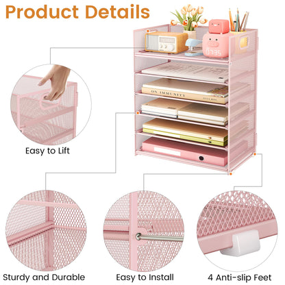 Subekyu 6-Tier Desk Paper Organizer, Desktop File Letter Tray with Handle, Document Sorter and Accessories Holder for Office, Home and School Workspace Organizers, Pink-2 Pack