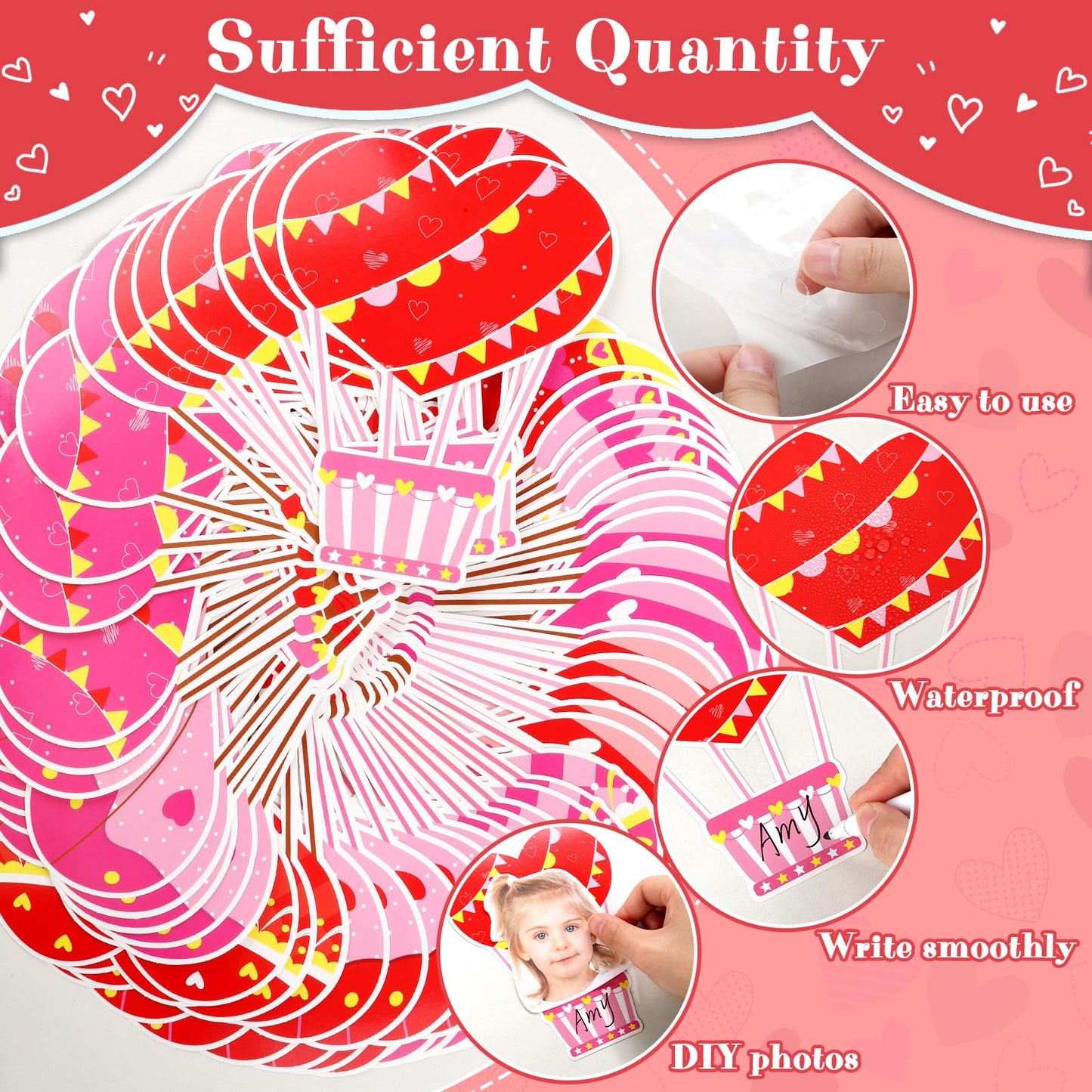 60pcs Valentine's Day Theme DIY Cutouts Hot Air Balloon Bulletin Board Decoration Set Heart Shape Balloon Paper Cut-Outs Decor for Valentines Classroom DIY Photo Craft Party School Wall Door Supplies