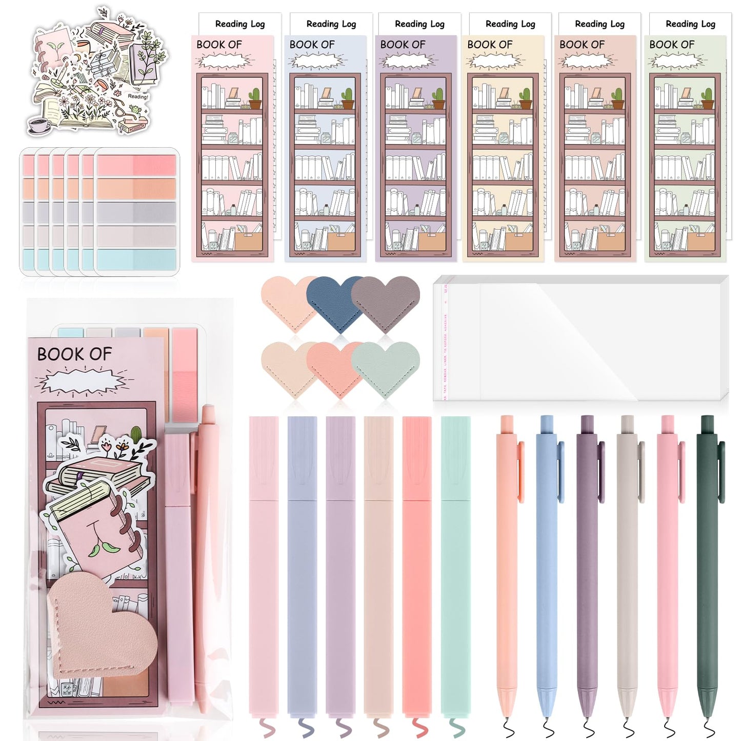 52 PCS Aesthetic Book Annotation Kit 6 Pastel Highlighters and Gel Pens Reading List Bookmarks Sticky Notes Index Tabs Stickers Bible Pages Self-Adhesive Bag for Book Lovers Gifts Book Accessories