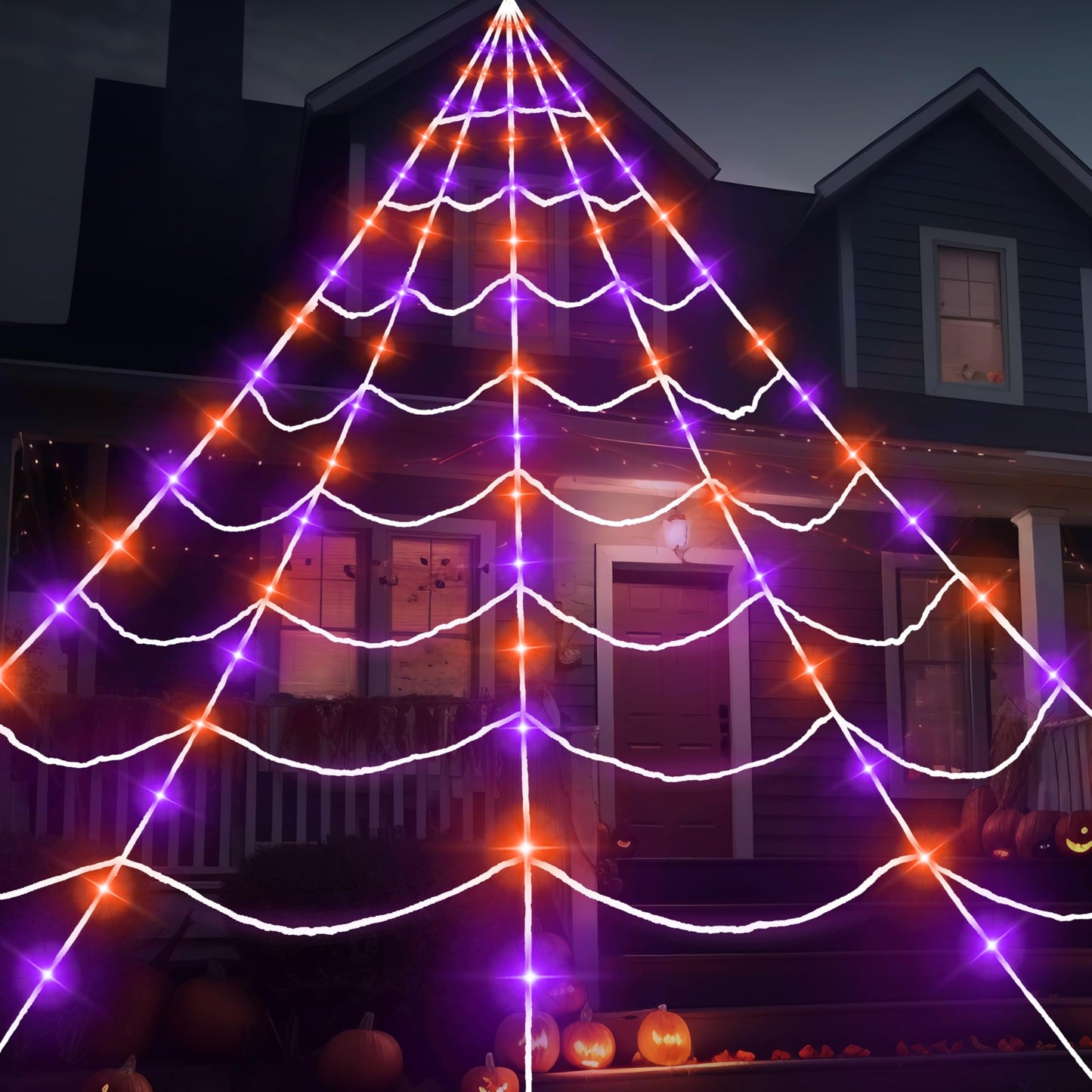 JOYIN Light-up Halloween Spider Web Decoration Outdoor, 19.7 x 14.7 FT Giant Triangular Web with LED Lights, Timer Cobweb Decor with 8 Lighting Modes for Indoor Yard Porch Haunted House Prop