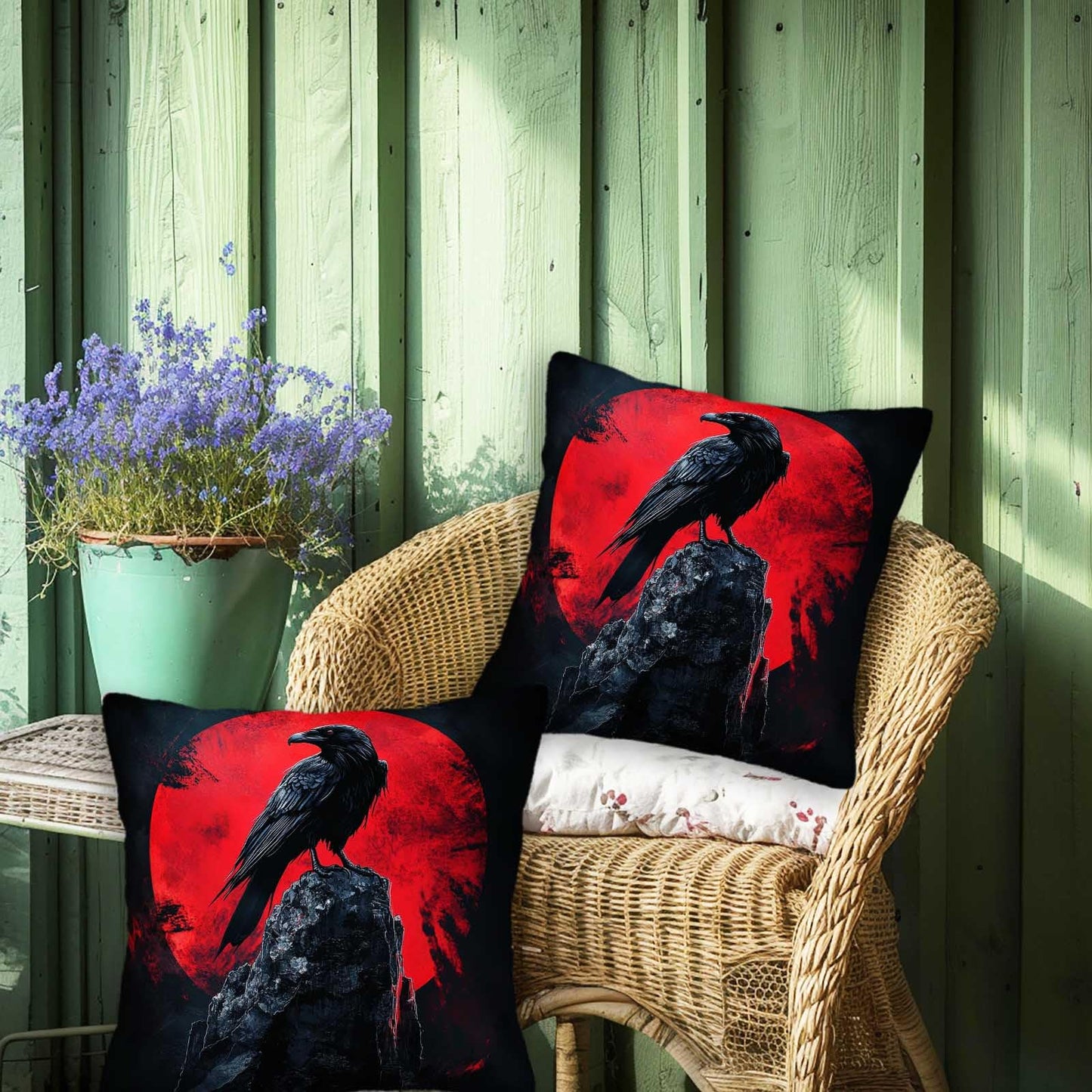 ZibZorp Raven Moon Pillow Covers 18x18 Set of 2 | Gothic Decorative Cushion Cases | Black Crow Red Moon Pillowcases | Halloween Dark Throw Covers for Sofa Living Room Bedroom Decor