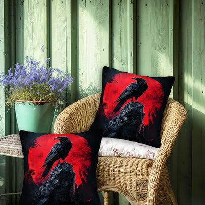 ZibZorp Raven Moon Pillow Covers 18x18 Set of 2 | Gothic Decorative Cushion Cases | Black Crow Red Moon Pillowcases | Halloween Dark Throw Covers for Sofa Living Room Bedroom Decor